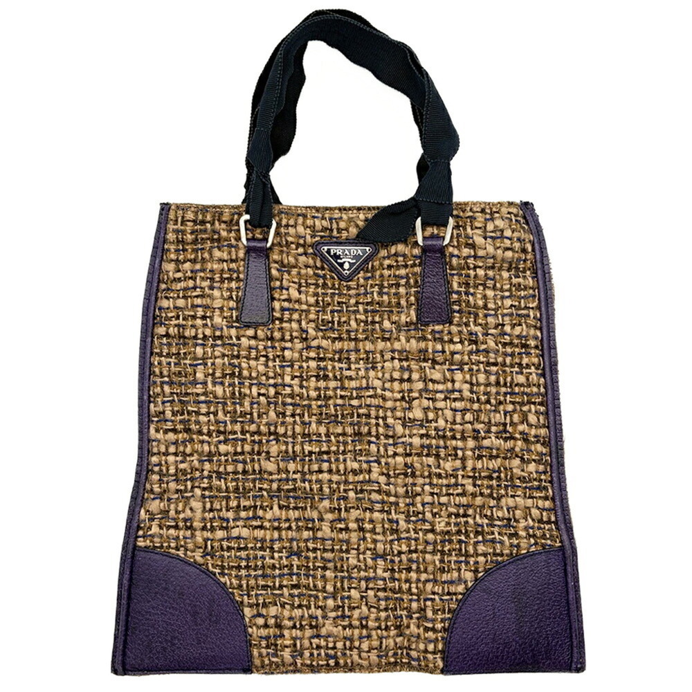 Prada tote bag, tweed, wool, leather, brown, purple, ribbon handle, triangula...